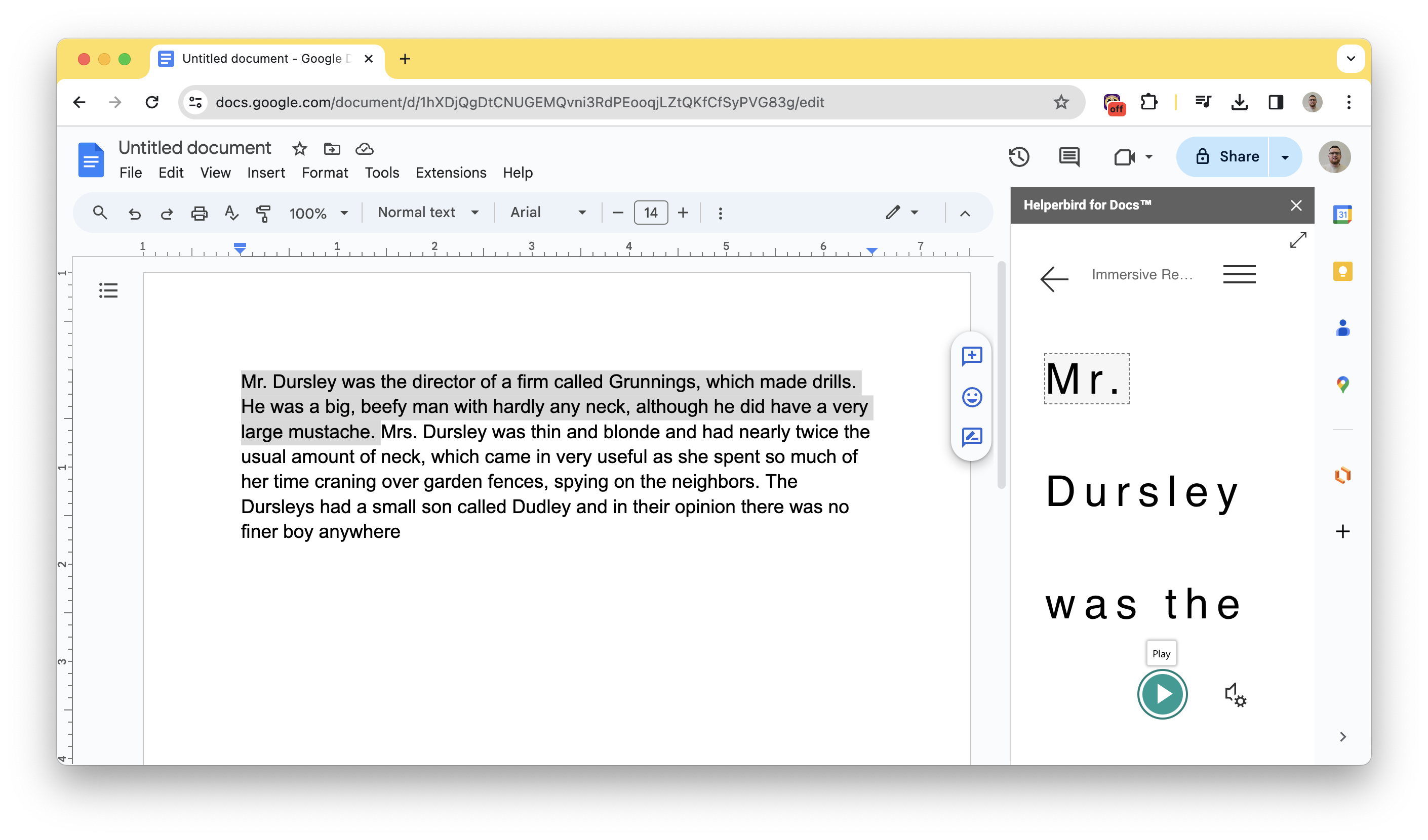 Screenshot of the Helperbird add-on's 'Immersive Reader' feature activated within Google Docs. The document text 'Mr. Dursley' is magnified in a separate overlay to the right, with each word enlarged and individually highlighted. Below the magnified text, there's a 'Play' button indicating the start of the text-to-speech function. The Helperbird sidebar is visible, showing the 'Immersive Reader' header and the text magnification feature in use.