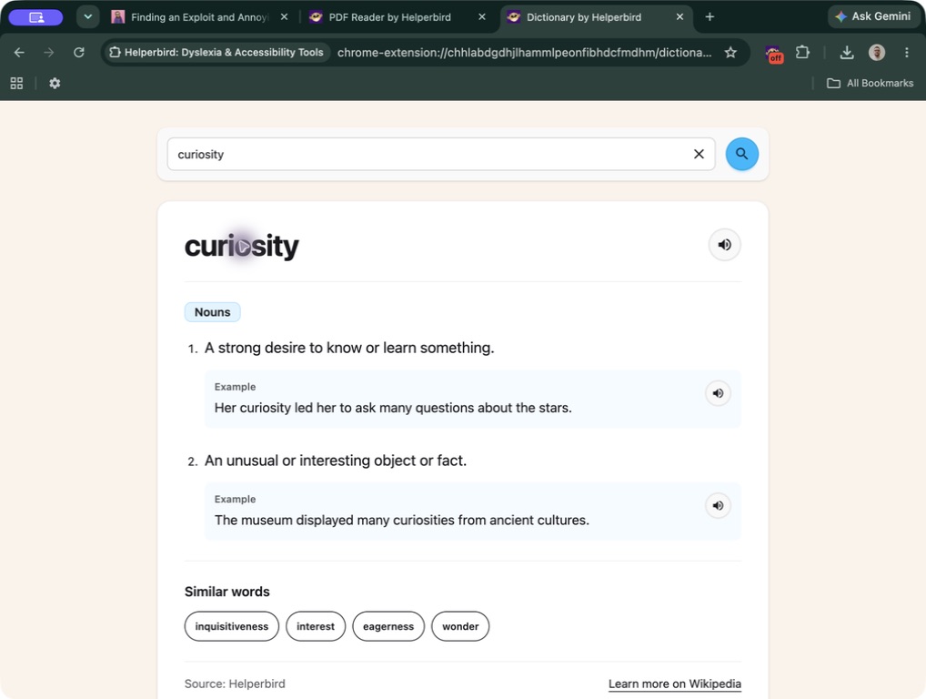 Dictionary results for curiosity, showing two noun definitions, example sentences with listen buttons, and similar words including interest and wonder.