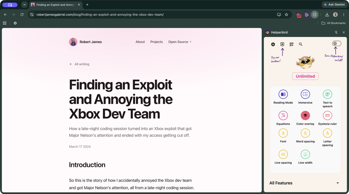 What's new in Helperbird 2026.9.6: a closer look Helperbird open in Chrome's side panel beside an article, with Reading Mode, text to speech, and reading settings within reach.