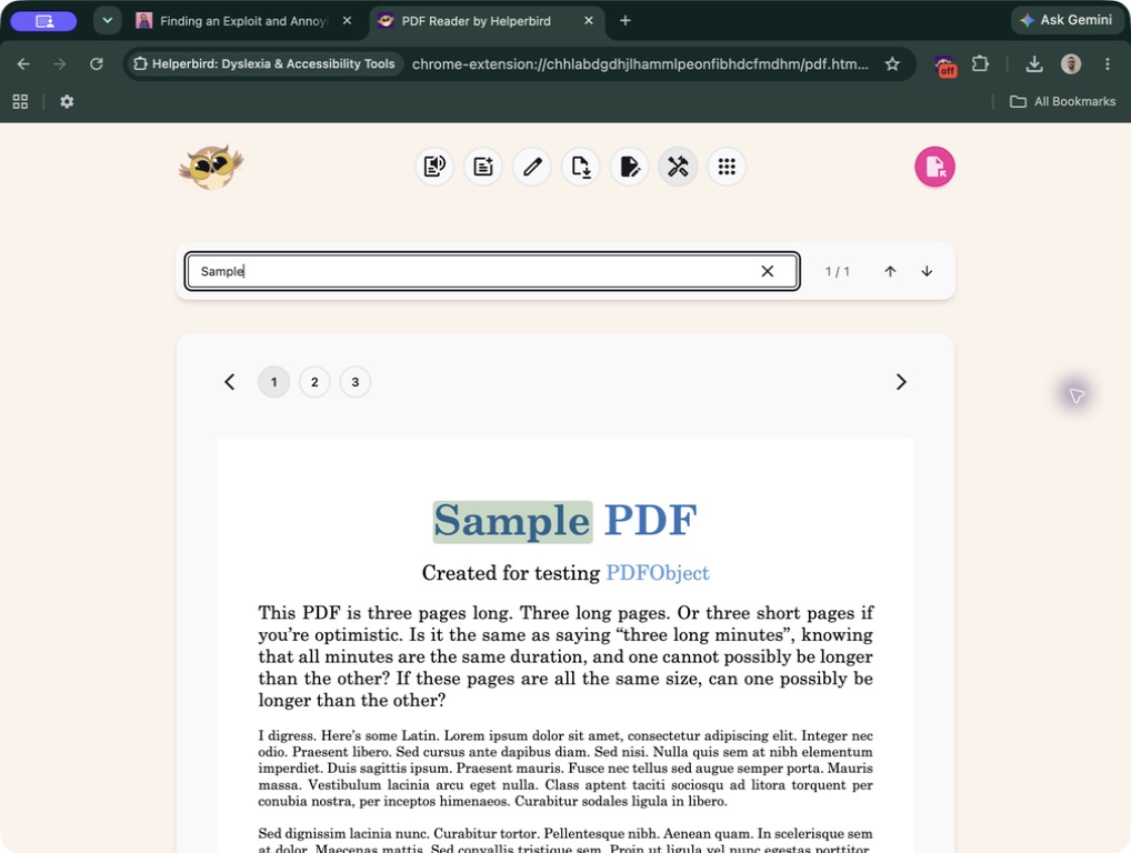 Search Page contains Sample and reports one of one matches. The matching word Sample is highlighted in the PDF heading.