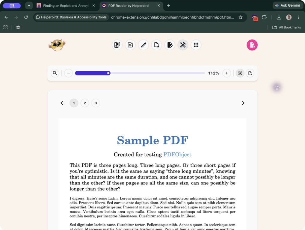 A sample PDF fitted to the reading area's width, with the zoom slider at 112 percent and the PDF tools in a separate bar above the page.