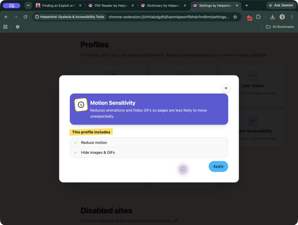 The Motion Sensitivity preview explains the profile and lists its included controls before the Apply button.