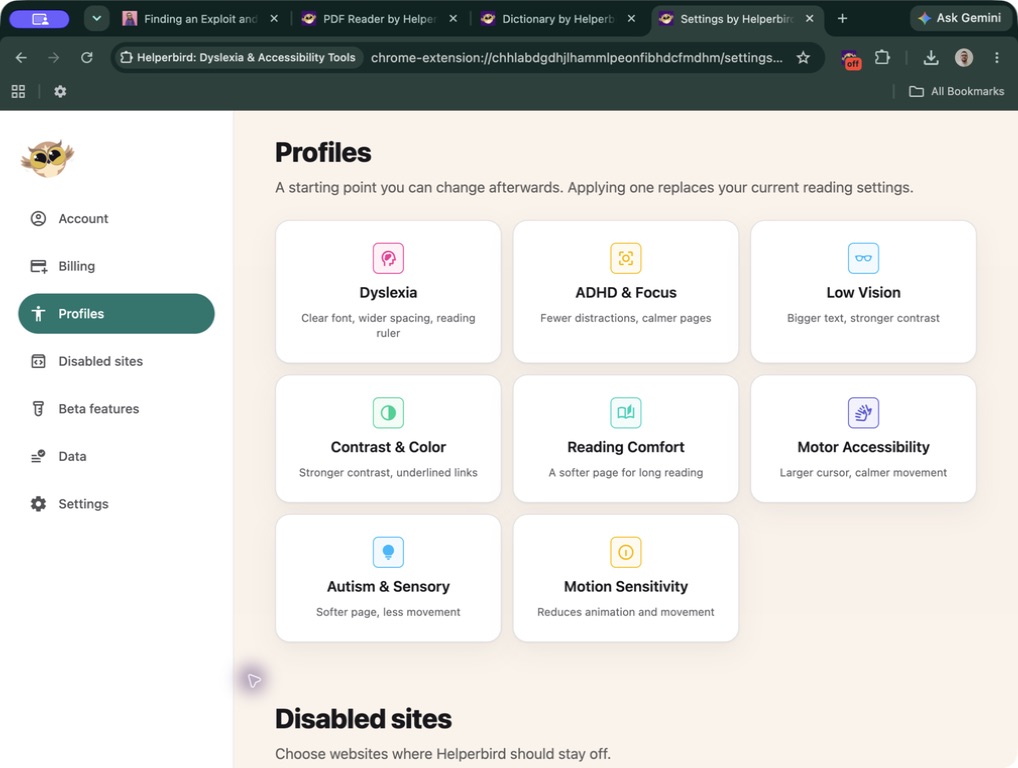 The Settings page shows eight profiles: Dyslexia, ADHD and Focus, Low Vision, Contrast and Color, Reading Comfort, Motor Accessibility, Autism and Sensory, and Motion Sensitivity.