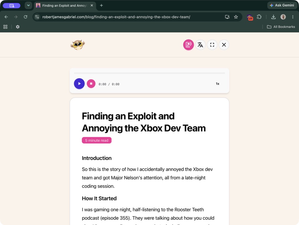 The same article shown in Helperbird Reading Mode, with a clean text column and the read-aloud bar open above it, ready to play at normal speed.