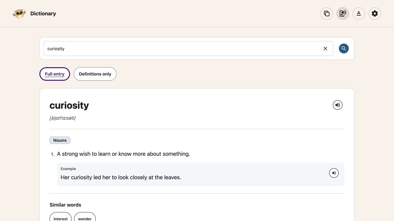 Dictionary showing a sample definition of curiosity, with matching Copy, speech and appearance controls.