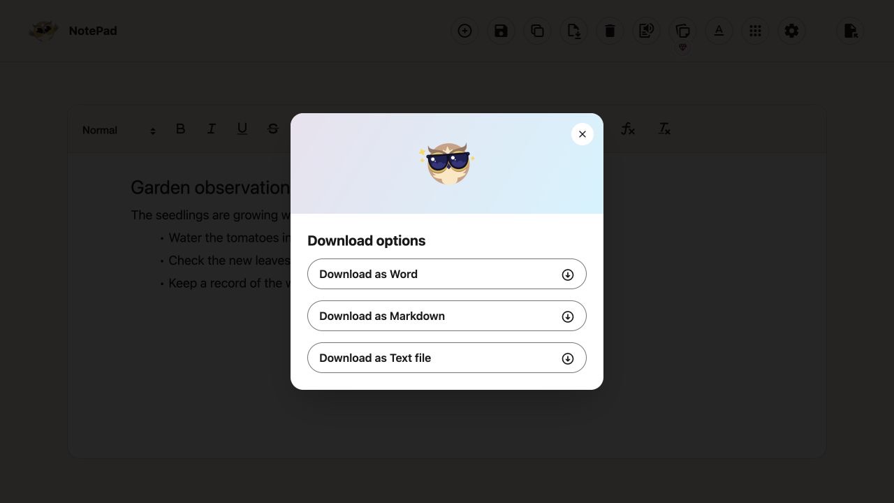 NotePad’s download menu offers Word, Markdown and plain text for a saved sample document.
