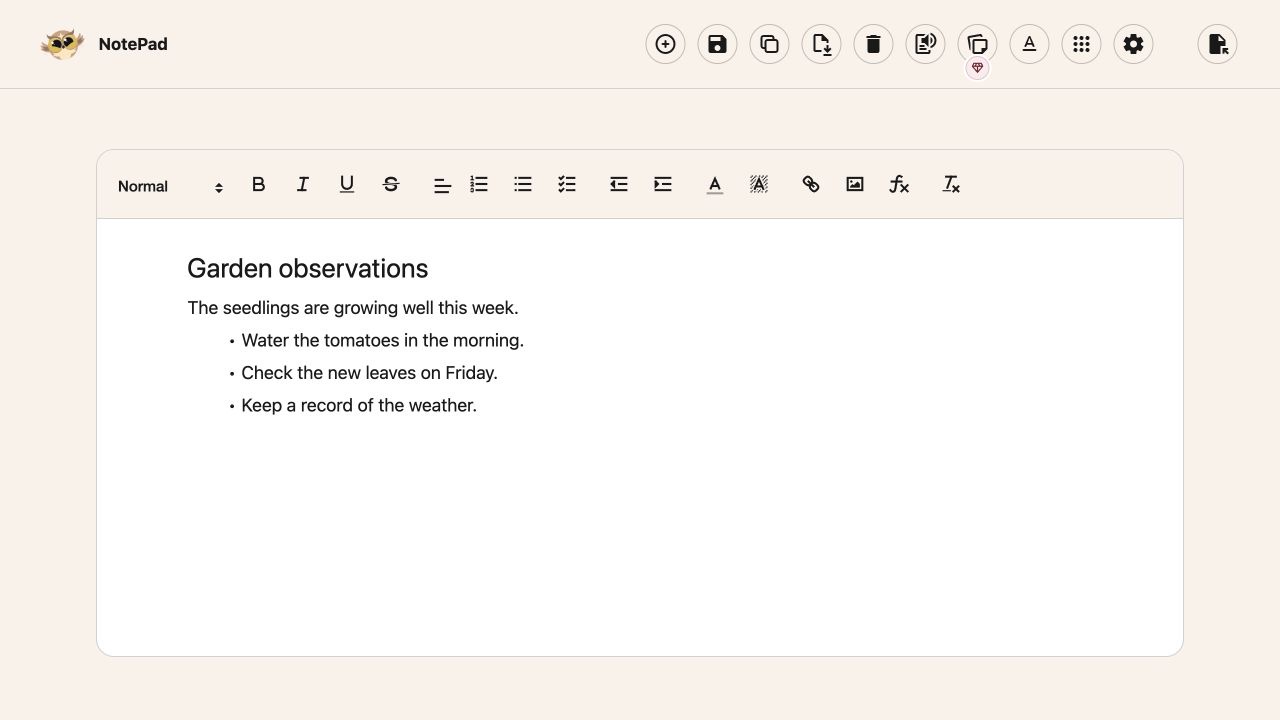 Helperbird 2026.9.28: more room to read and write A saved garden observation document in Helperbird NotePad, with writing and reading controls above the page.