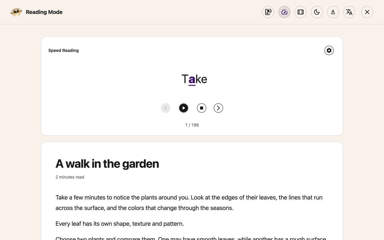 Speed reading open in Reading Mode with its word display, progress, Play and Stop controls.