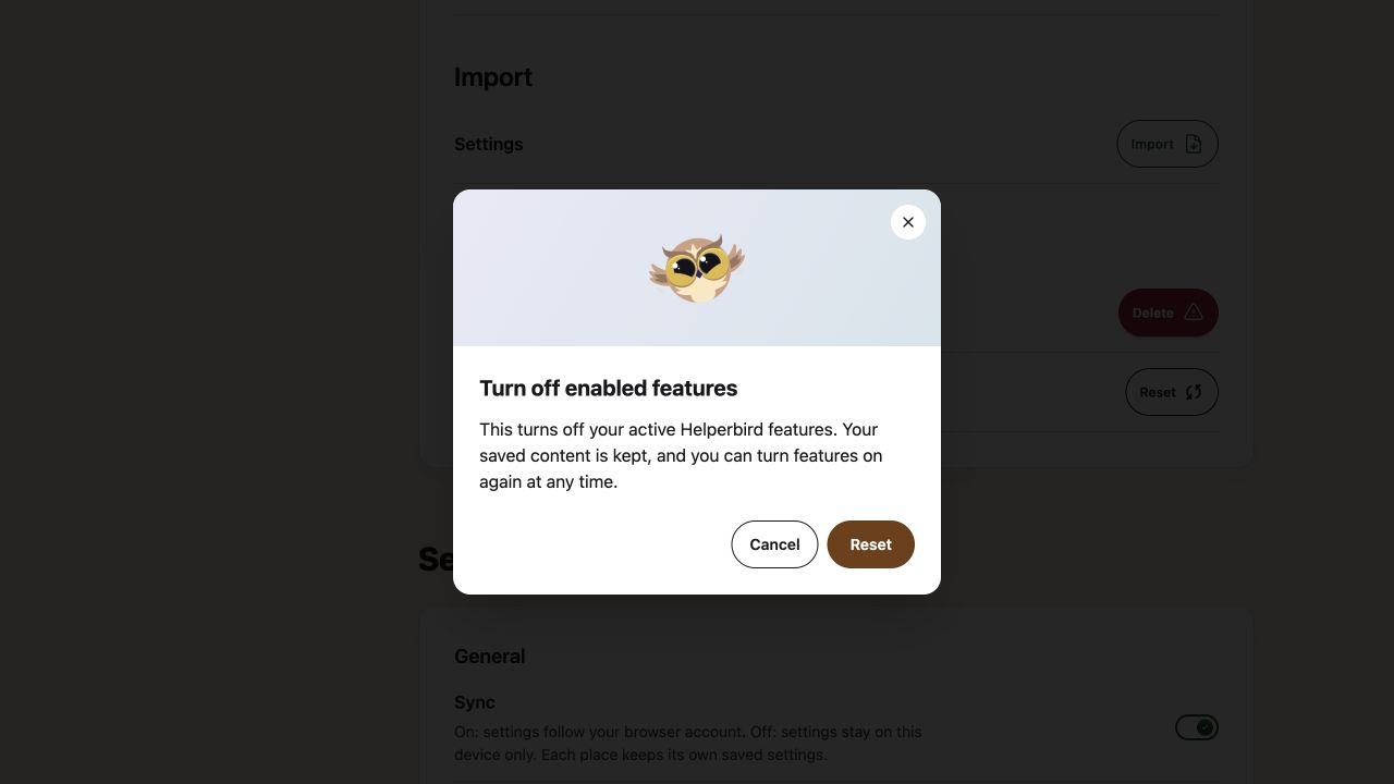 Turn off enabled features dialog explaining that saved content is kept, with Cancel and Reset buttons.