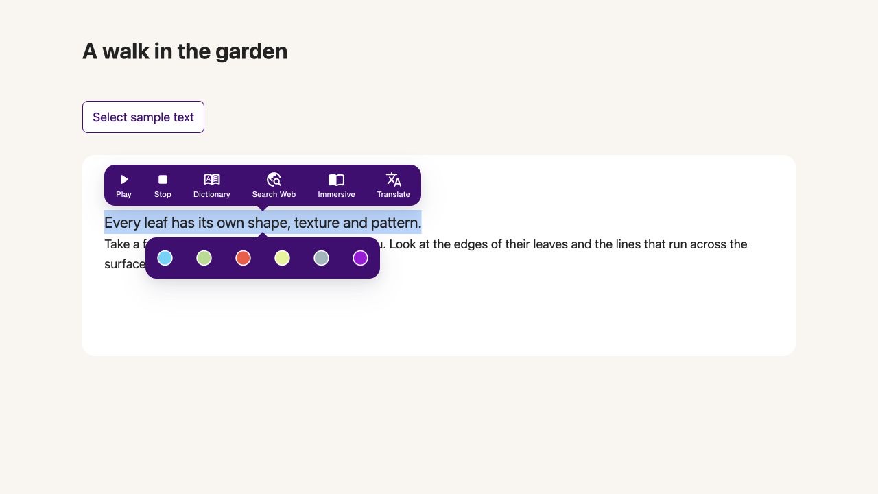 Selected text with the reading toolbar above it and a separate highlight color palette below it.