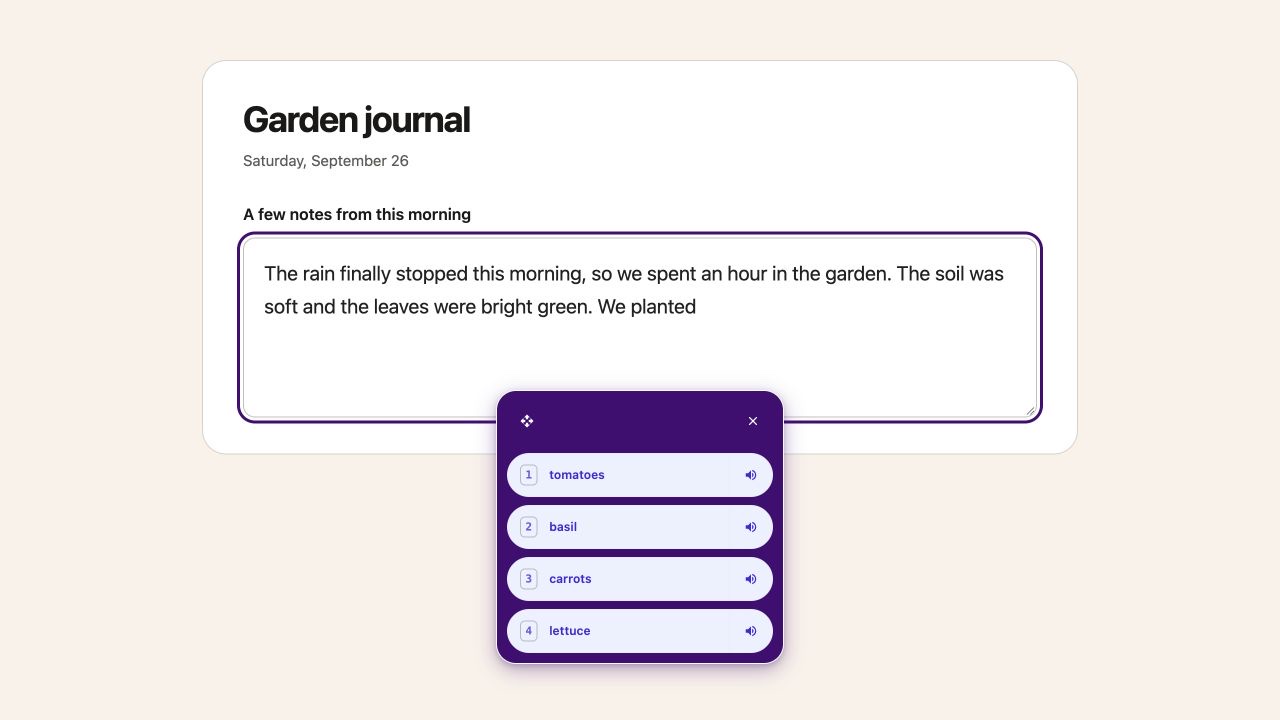 Word Prediction suggestions arranged in a compact vertical list beside a writing field.