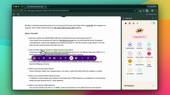 The Helperbird panel open beside an ordinary web page, showing the pinned tools &mdash; reading mode, immersive reader, text to speech, equations, color overlay, dyslexia ruler, font and spacing &mdash; above an All Features button