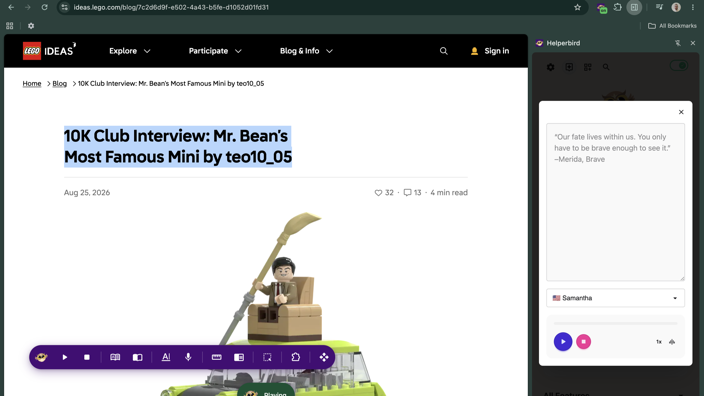 Read aloud running on a LEGO Ideas article: the headline is highlighted as it is spoken, and the Helperbird panel beside it shows the Samantha voice with play, stop and speed controls