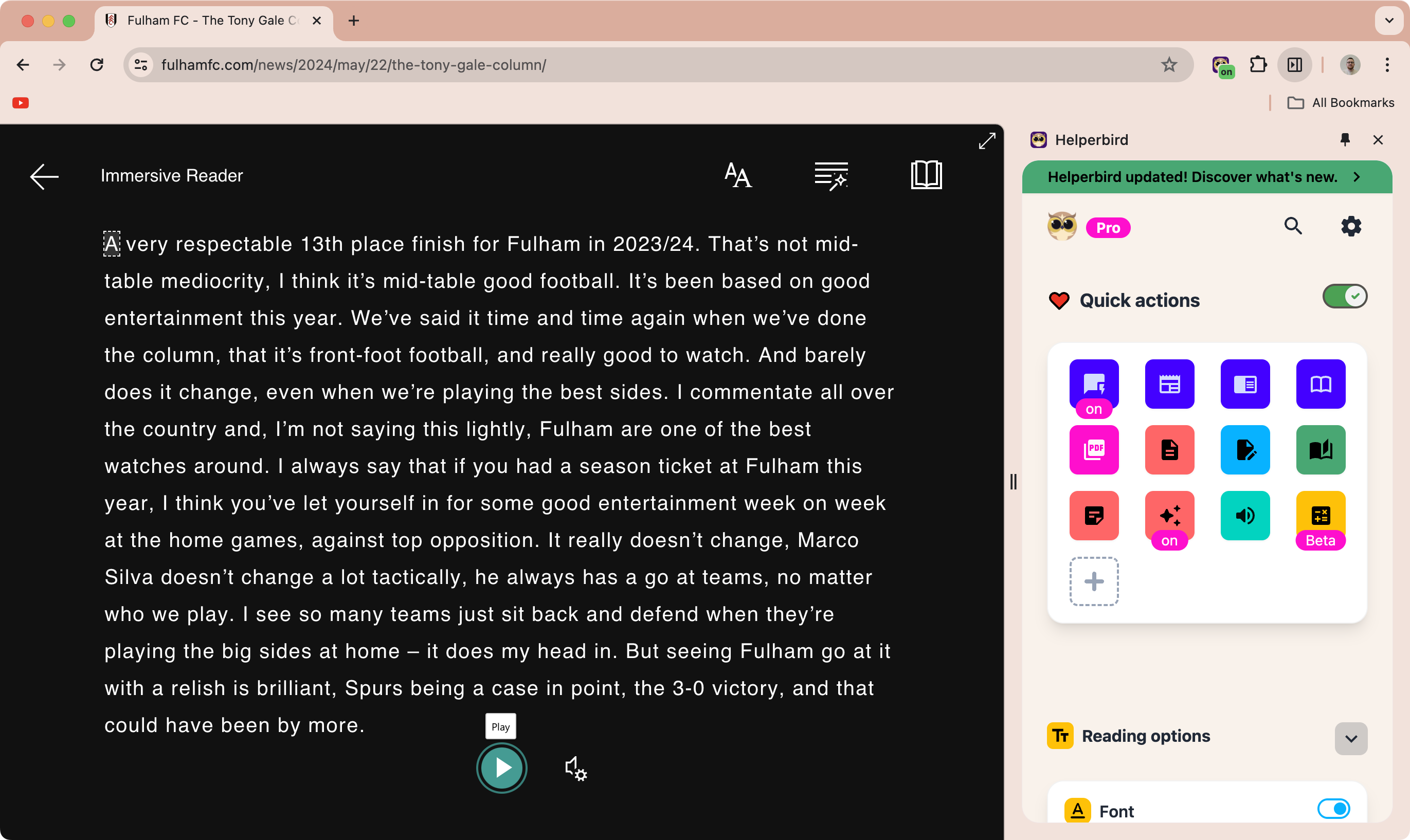 Screenshot of a webpage from 'Fulham Focus' showcasing their blog and podcast content. The navigation menu at the top lists options such as 'Home', 'About Us', 'Podcasts', 'Q&As', 'Articles', 'Quiz', and 'Contact Us'. Below the navigation, there's a highlighted 'Latest' article from October 6, 2023, titled 'It's Time to Start Cairney'. The main content of the page displays a 'Podcast: Blades of OGlory' section dated October 11, 2023, by Matt Bone, briefly describing the episode's discussion on a football game involving Fulham and the Blades. Beside the content is an ad from 'News 25 Now' and social media connect buttons for Facebook, Twitter, and Instagram. On the right side, the Helperbird extension is active, showcasing 'Quick actions' with various tool icons like 'Reading options', and a 'Pro' label at the top.