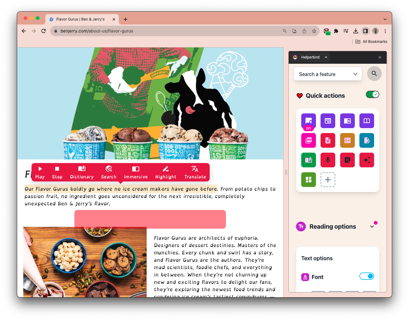 Screenshot of the Ben & Jerry's website with Helperbird features enabled. The site showcases colorful ice cream tubs and a playful design. On the left, there's a reading ruler guiding through a text about 'Flavor Gurus'. On the right side, the Helperbird overlay displays a menu with icons for features like 'Dictionary', 'Search', 'Highlight', and 'Translate'. Beneath the menu, text options are provided, including a selected 'Font' option indicating the use of the 'Lexend' font.