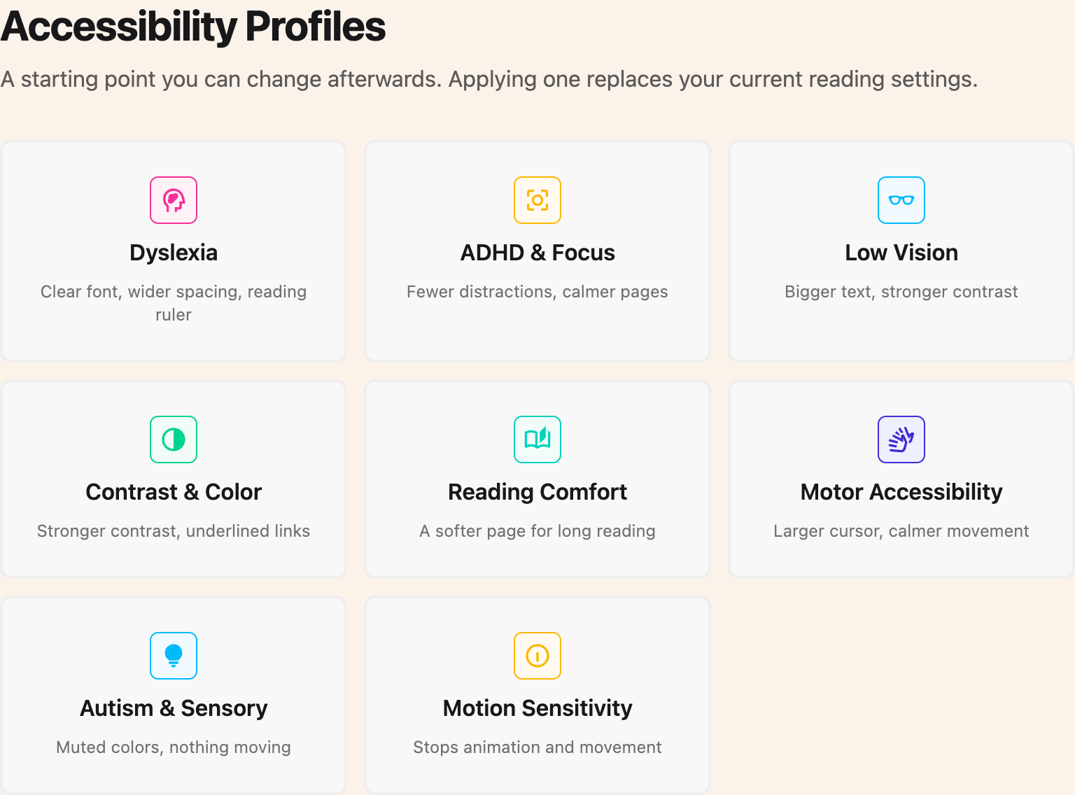 The Accessibility Profiles section of the Helperbird settings page, showing the Dyslexia, ADHD, Low Vision and other profiles