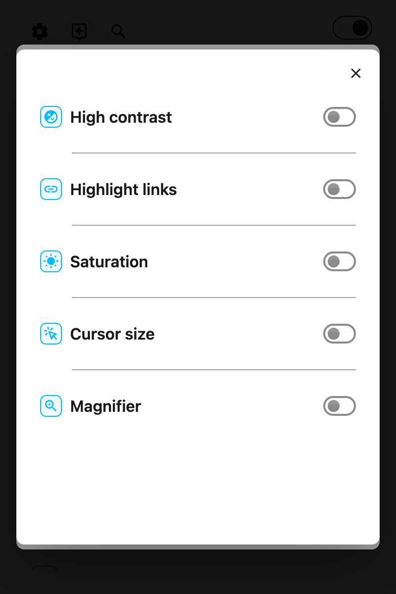 The Floating Toolbar options in the Helperbird popup, with the toggle that turns the on-page toolbar on