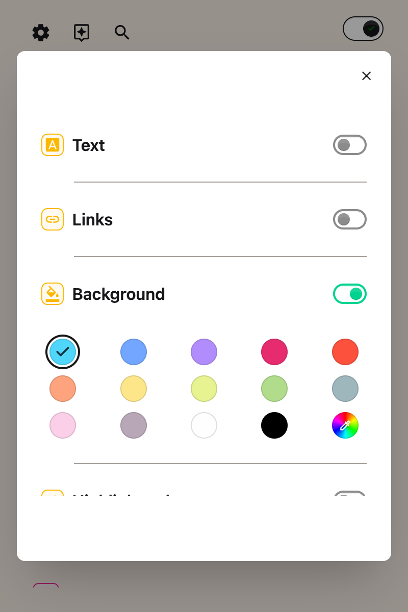 The Background color toggle switched on in the Helperbird popup
