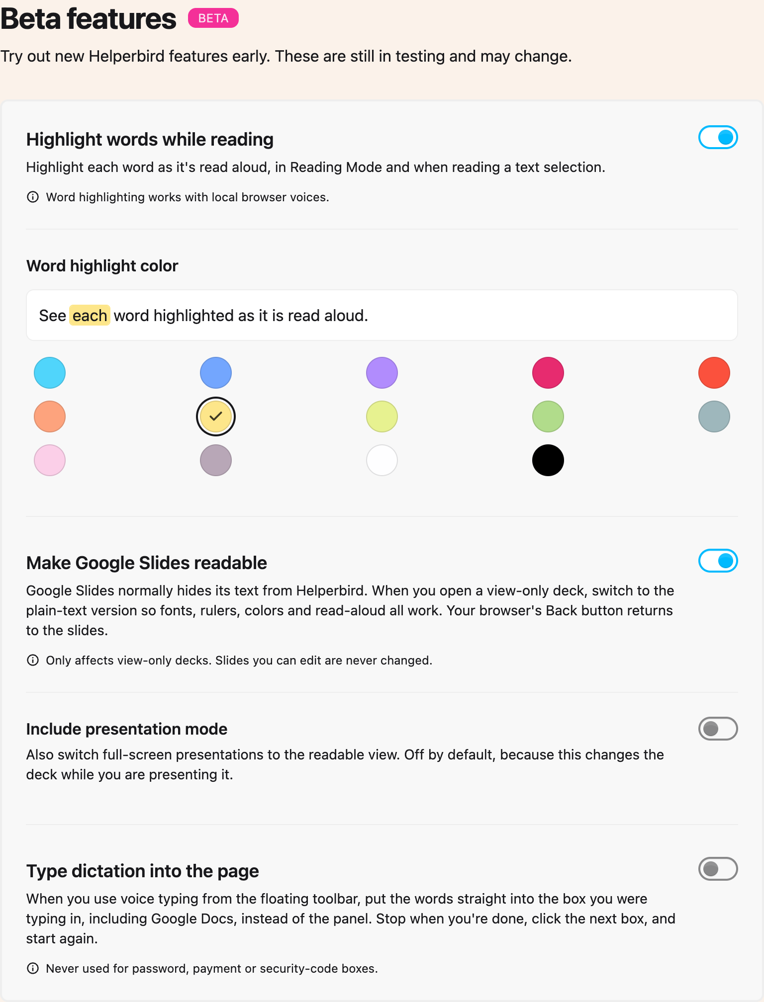 The Beta features section of the Helperbird settings page, with switches for the features being trialled