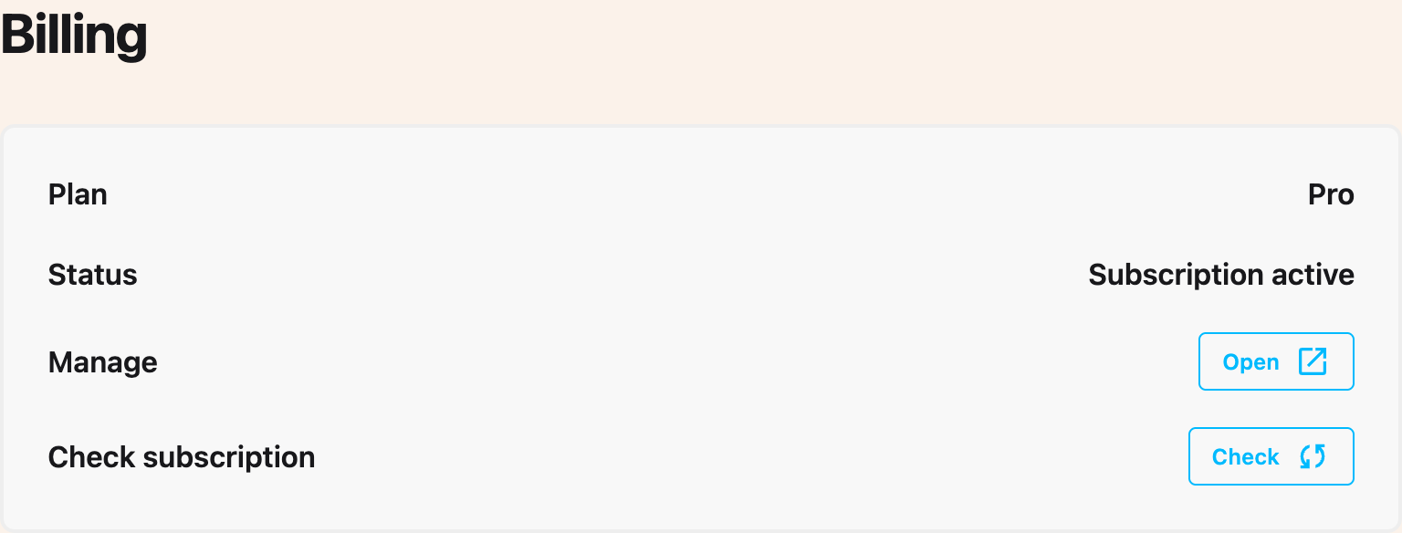 The Billing section of the Helperbird settings page, with the Open and Check buttons