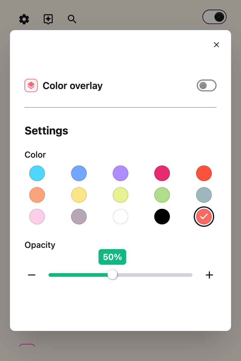 The Color overlay panel open in the Helperbird popup, showing the Color overlay control