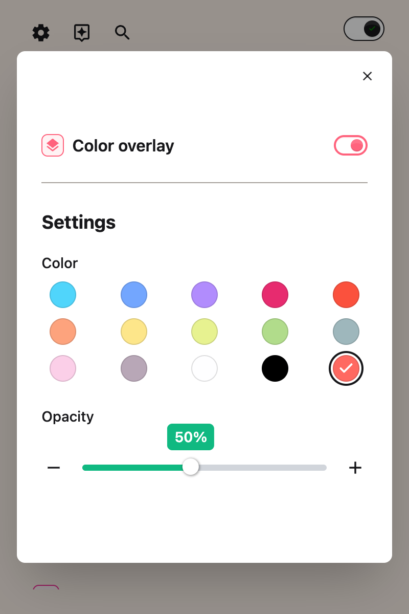 The Color overlay toggle switched on in the Helperbird popup