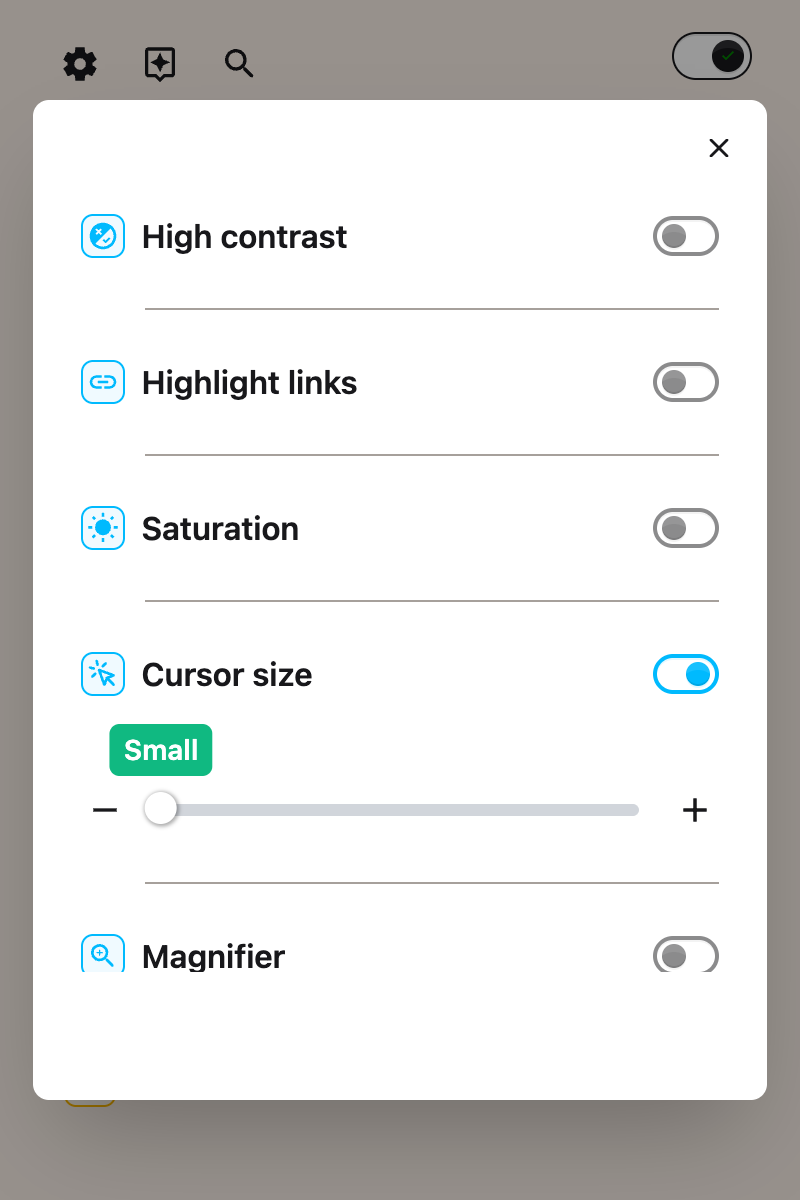 The Cursor size options shown after the toggle is switched on