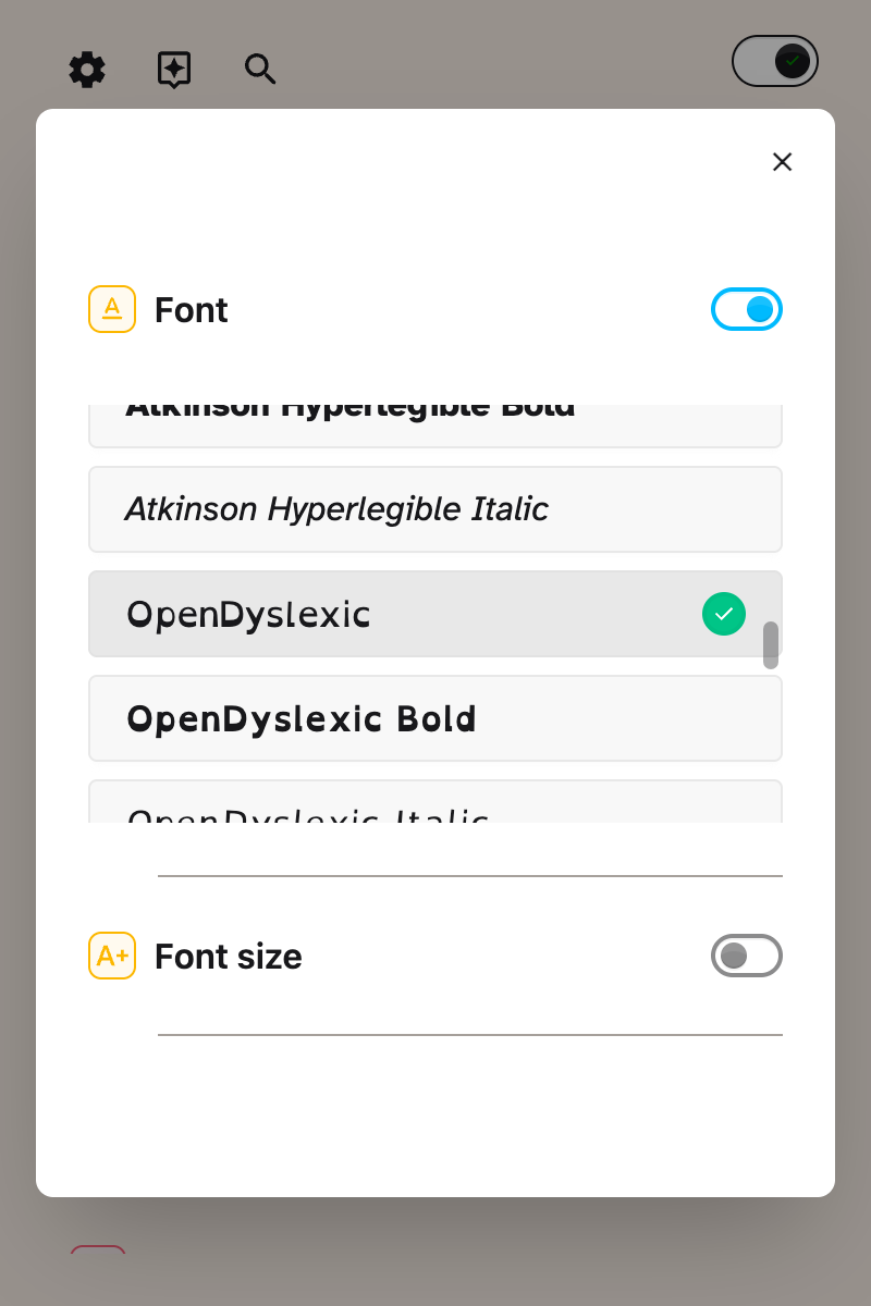 The Font options with OpenDyslexic selected