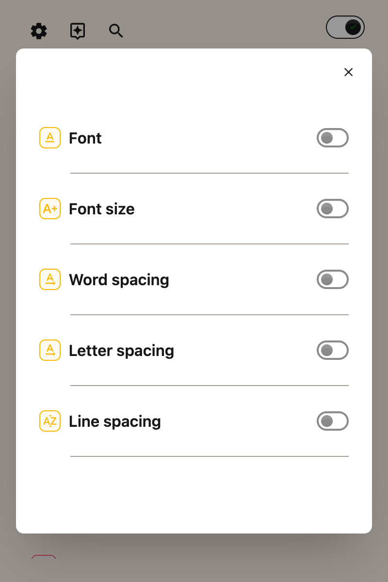 The Text settings panel open in the Helperbird popup, showing the Font control