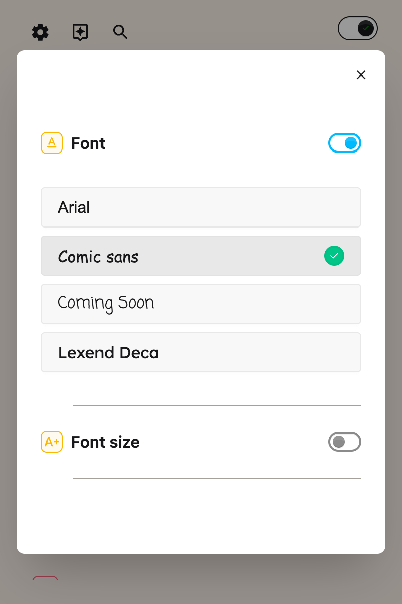 The Font toggle switched on in the Helperbird popup