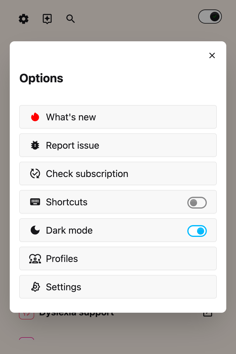 The Dark mode toggle switched on in the Helperbird Options list