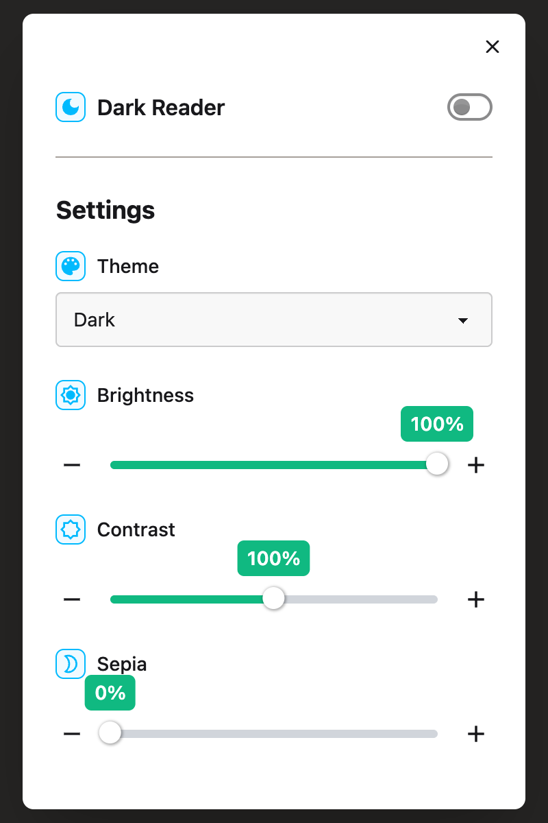 The Dark Reader panel open in the Helperbird popup, showing the Dark Reader control