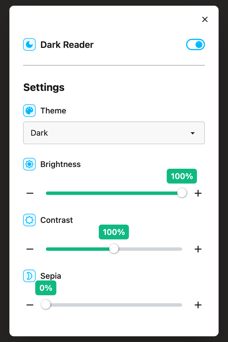 The Dark Reader options shown after the toggle is switched on