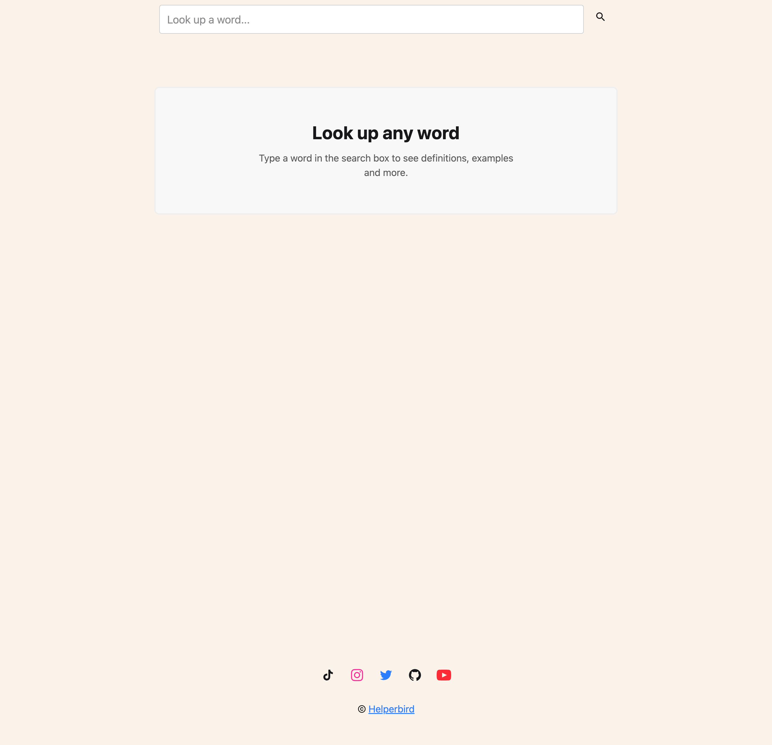 The Helperbird Dictionary when it first opens, with the search box and the message Look up any word