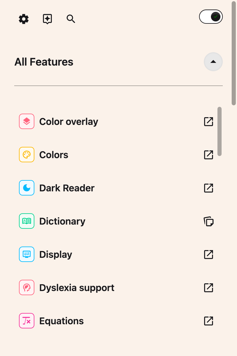 The All Features list scrolled to show the Dictionary row and the button that opens it