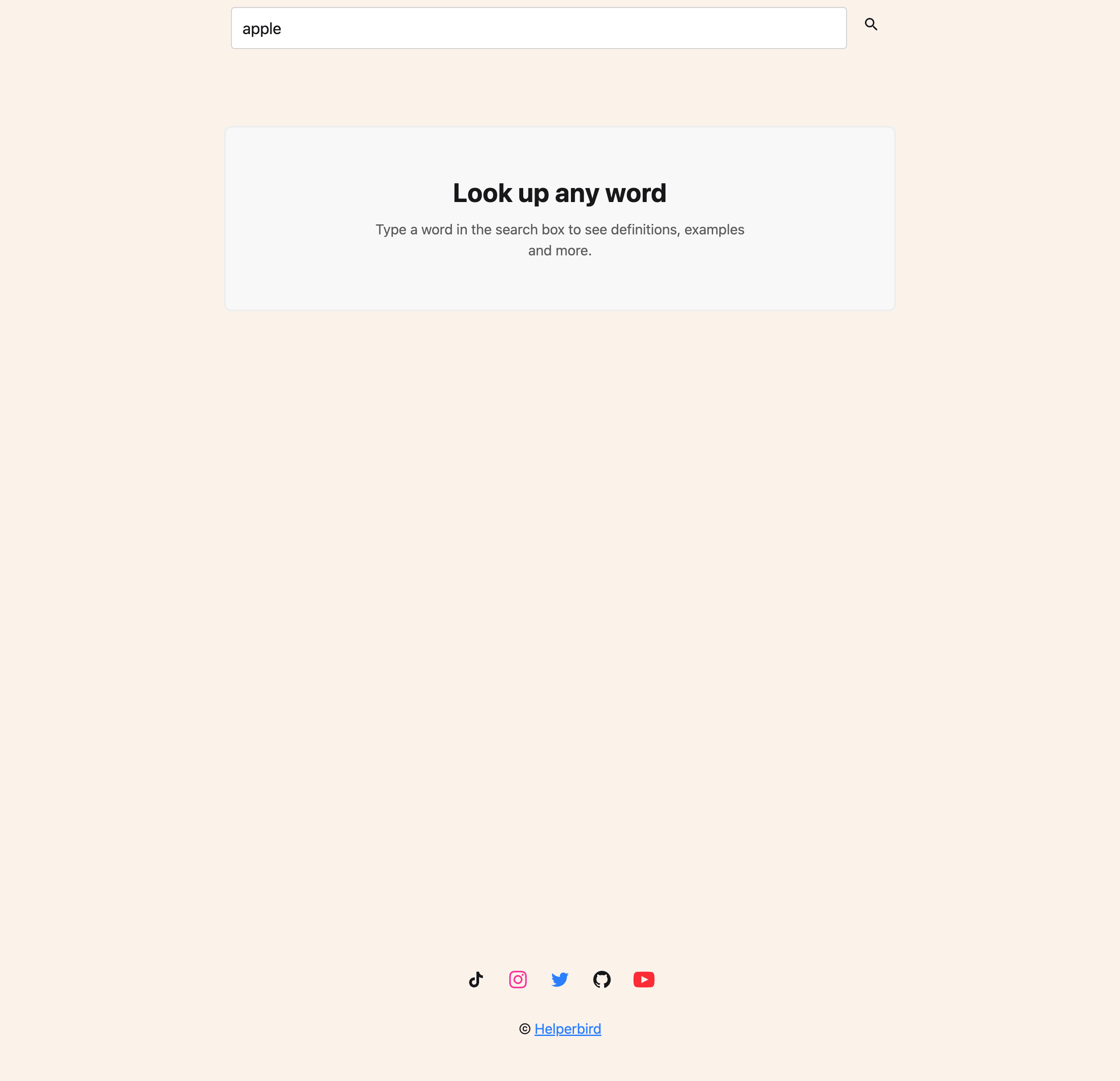 The word apple typed into the Helperbird Dictionary search box