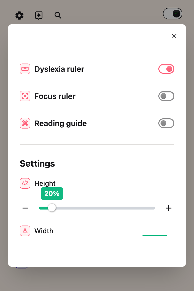 The Dyslexia ruler options shown after the toggle is switched on