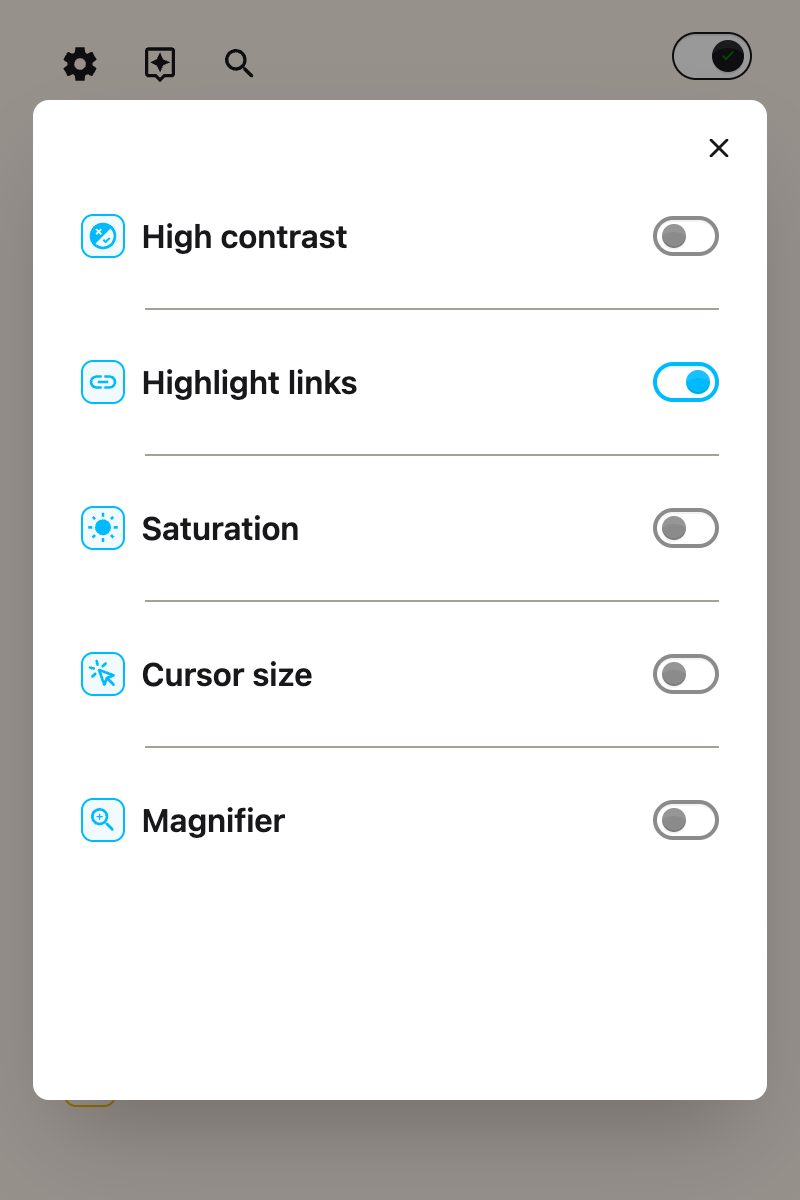 The Highlight links toggle switched on in the Helperbird popup