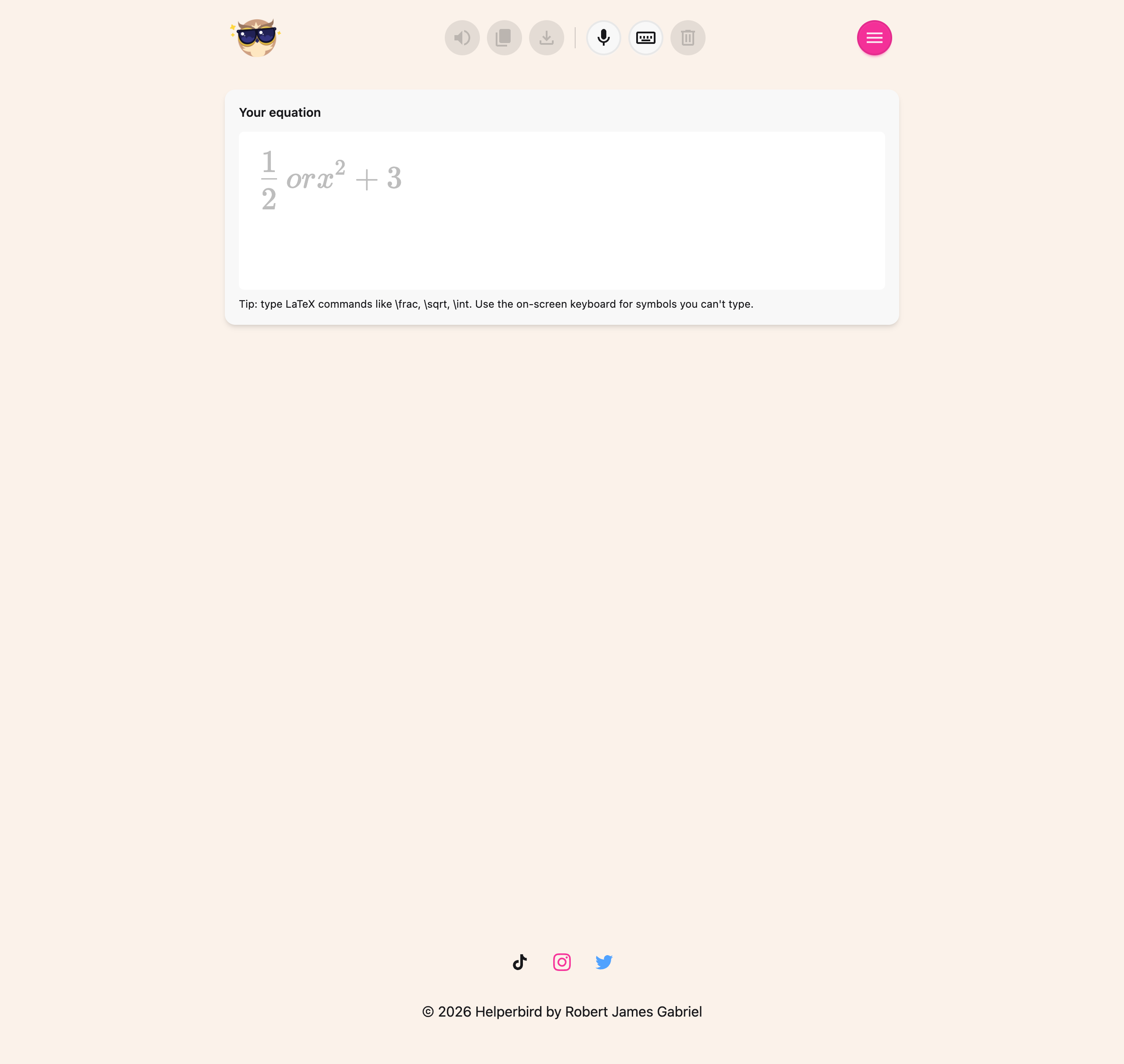 The Helperbird Equation Editor when it first opens, with an empty equation box and its toolbar