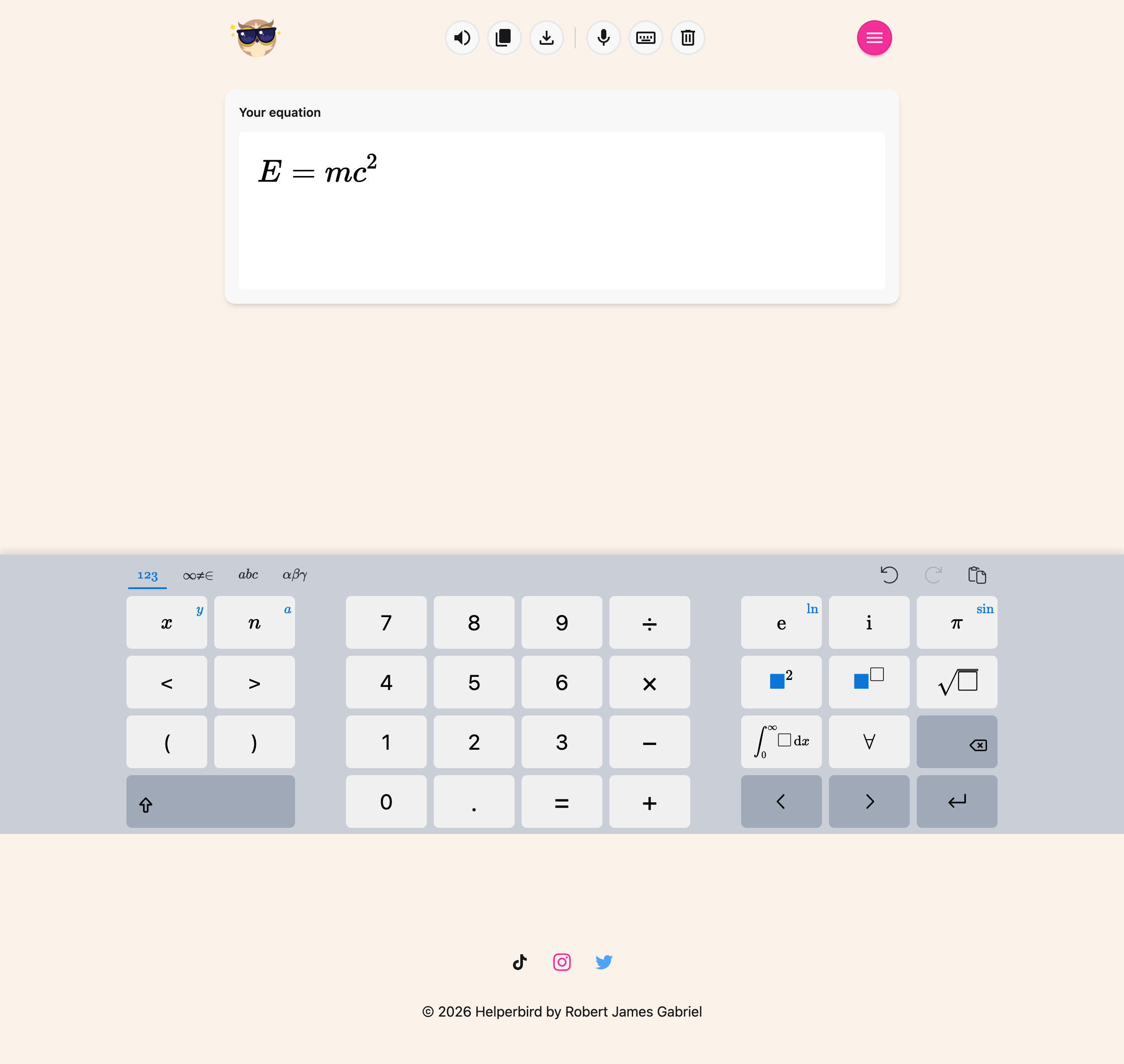 The on-screen maths keyboard in the Helperbird Equation Editor, for symbols that are hard to type