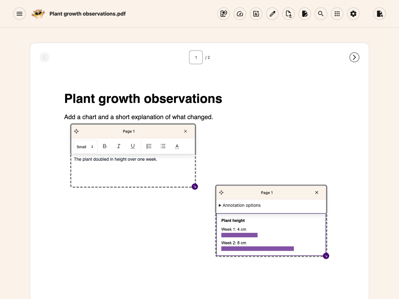 The sample PDF reopened with its editable answer box and pasted chart restored.
