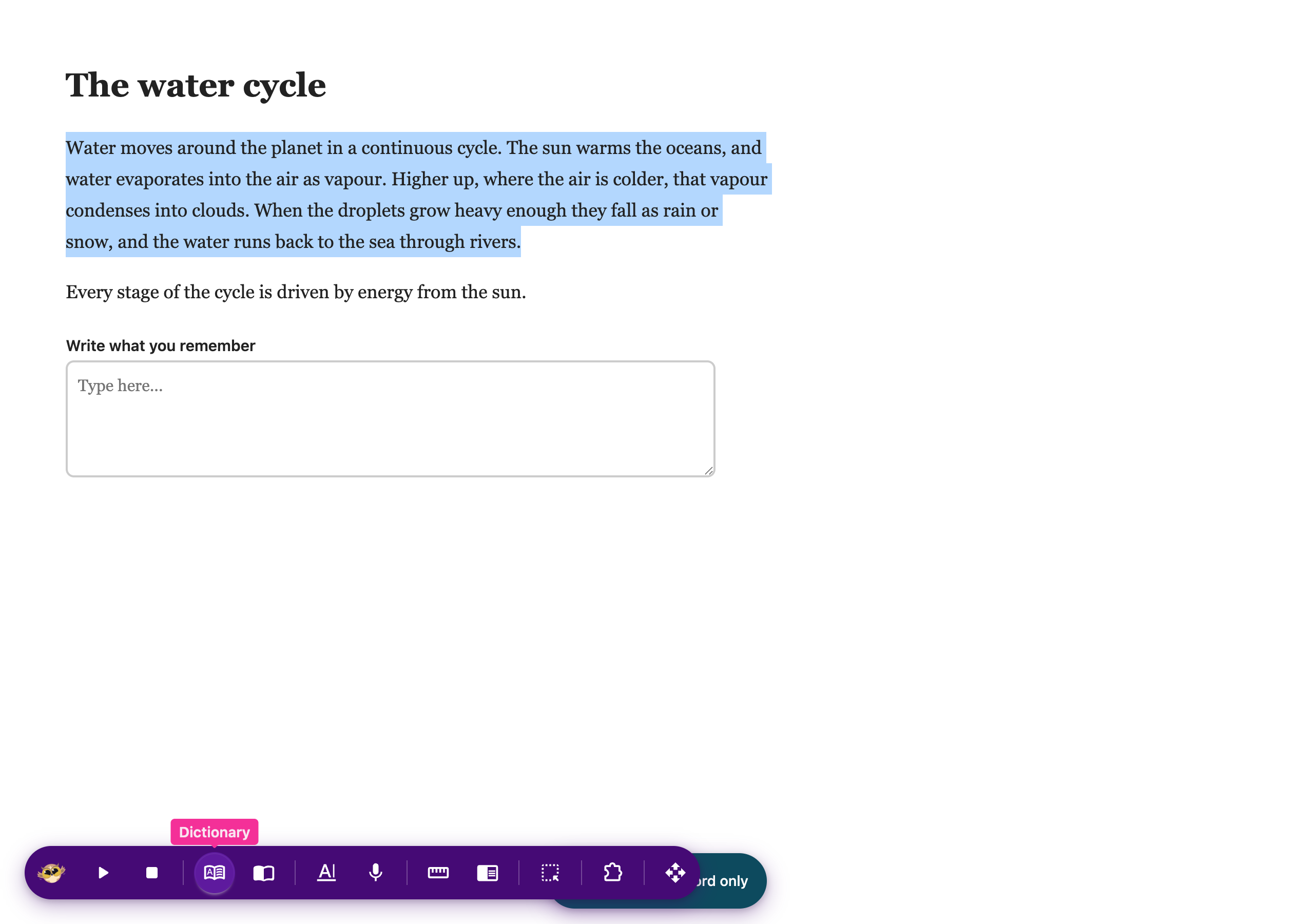 Looking a selected word up in the dictionary from the Helperbird floating toolbar