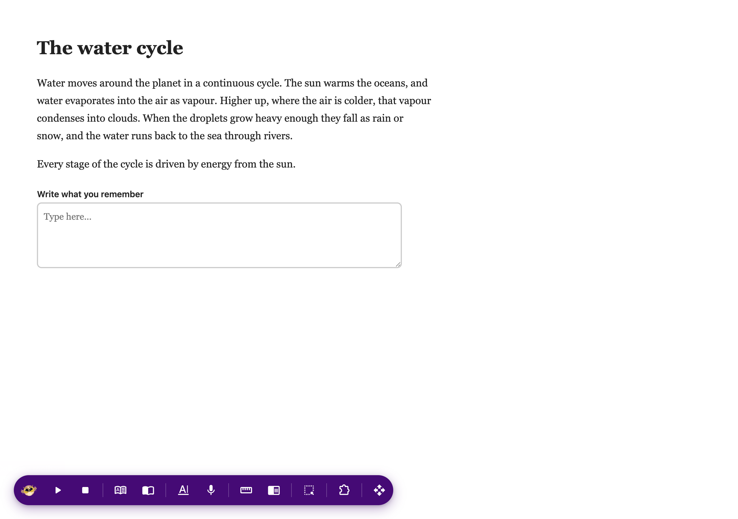 The Helperbird floating toolbar open along the bottom of a web page, showing its row of tools