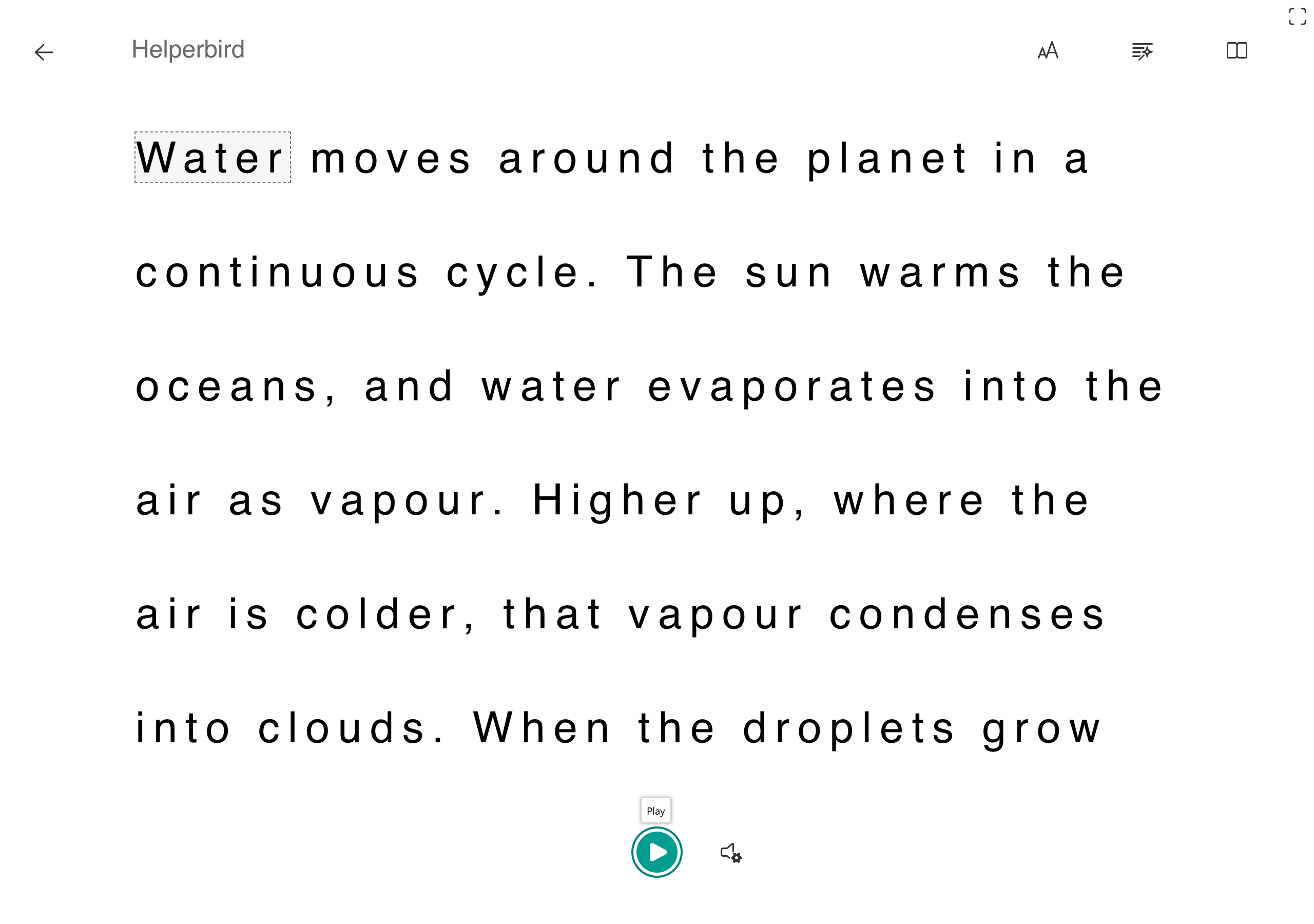 Opening selected text in Immersive Reader from the Helperbird floating toolbar