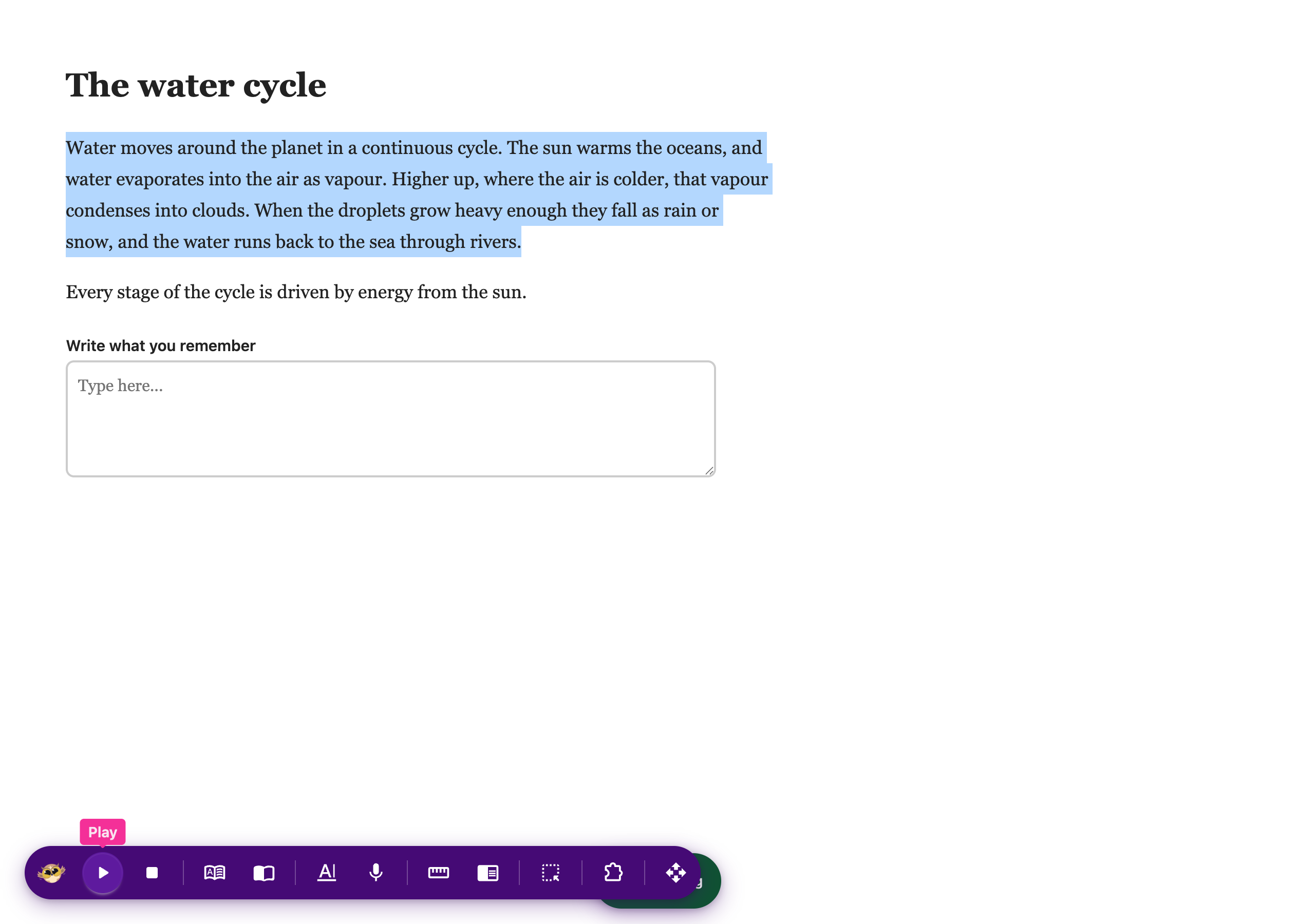 A paragraph selected on a web page with the Helperbird floating toolbar below it, reading the selection aloud
