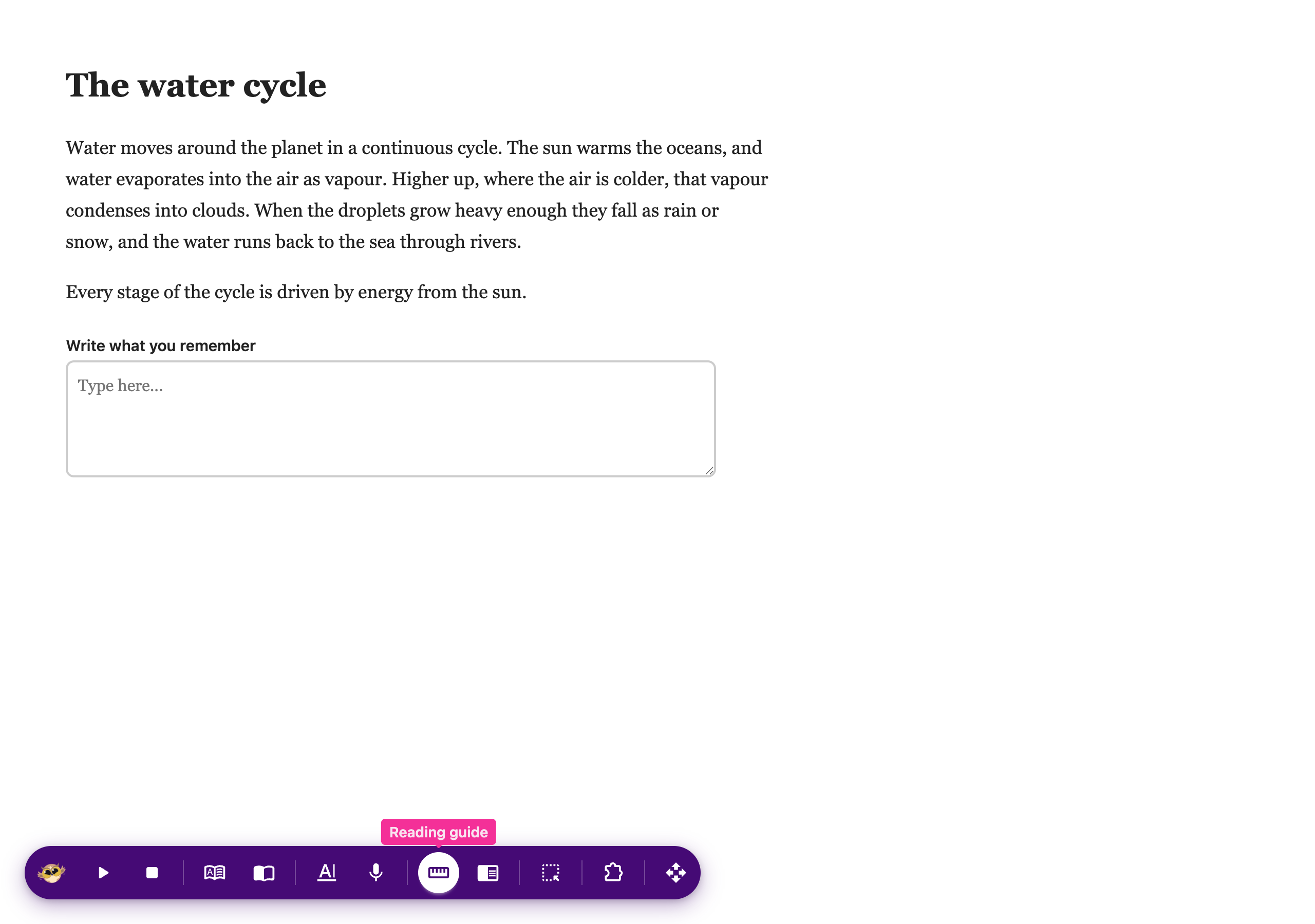 The reading guide turned on from the Helperbird floating toolbar, marking the line being read
