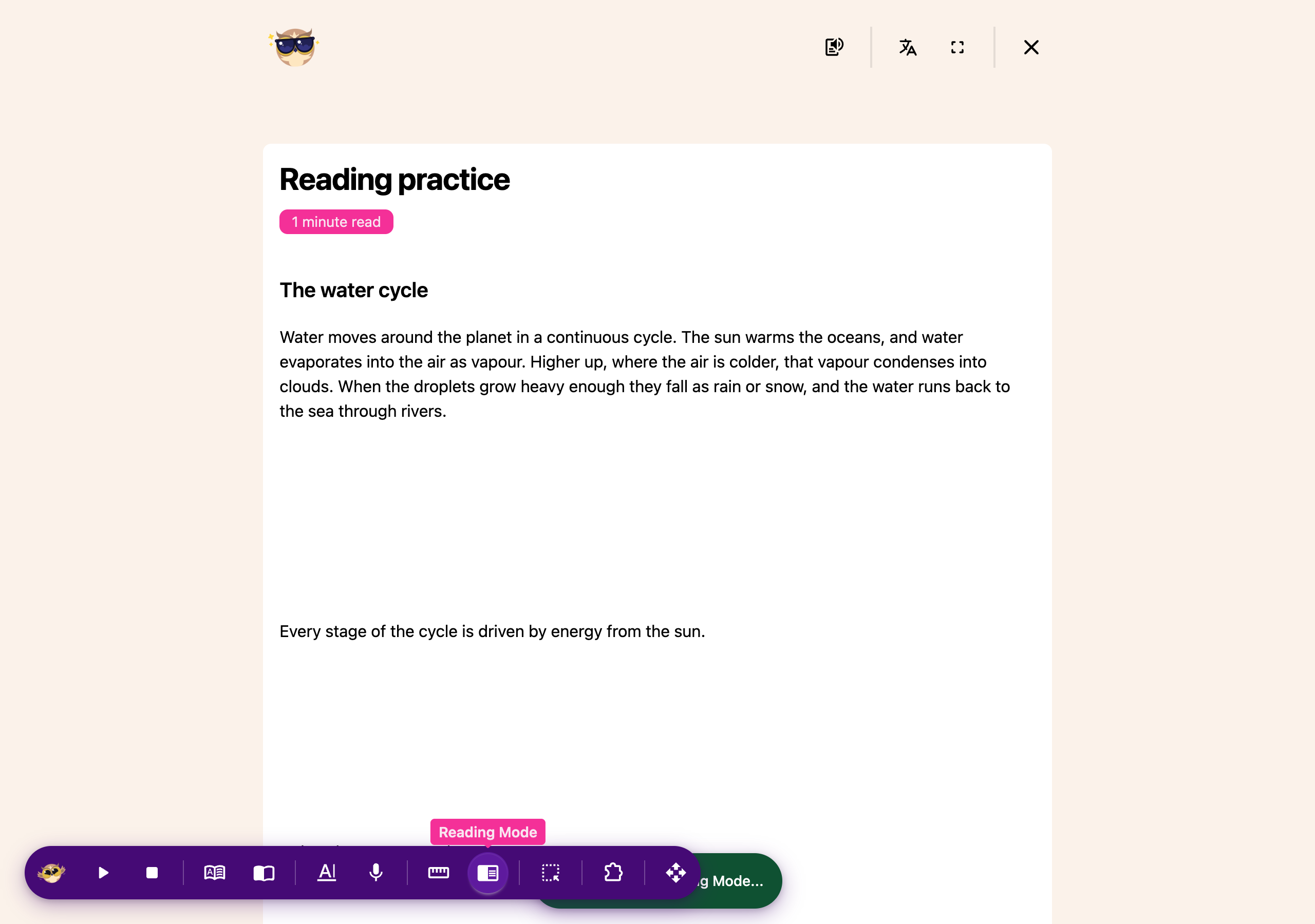 A web page opened in Reading Mode from the Helperbird floating toolbar, stripped back to just the article