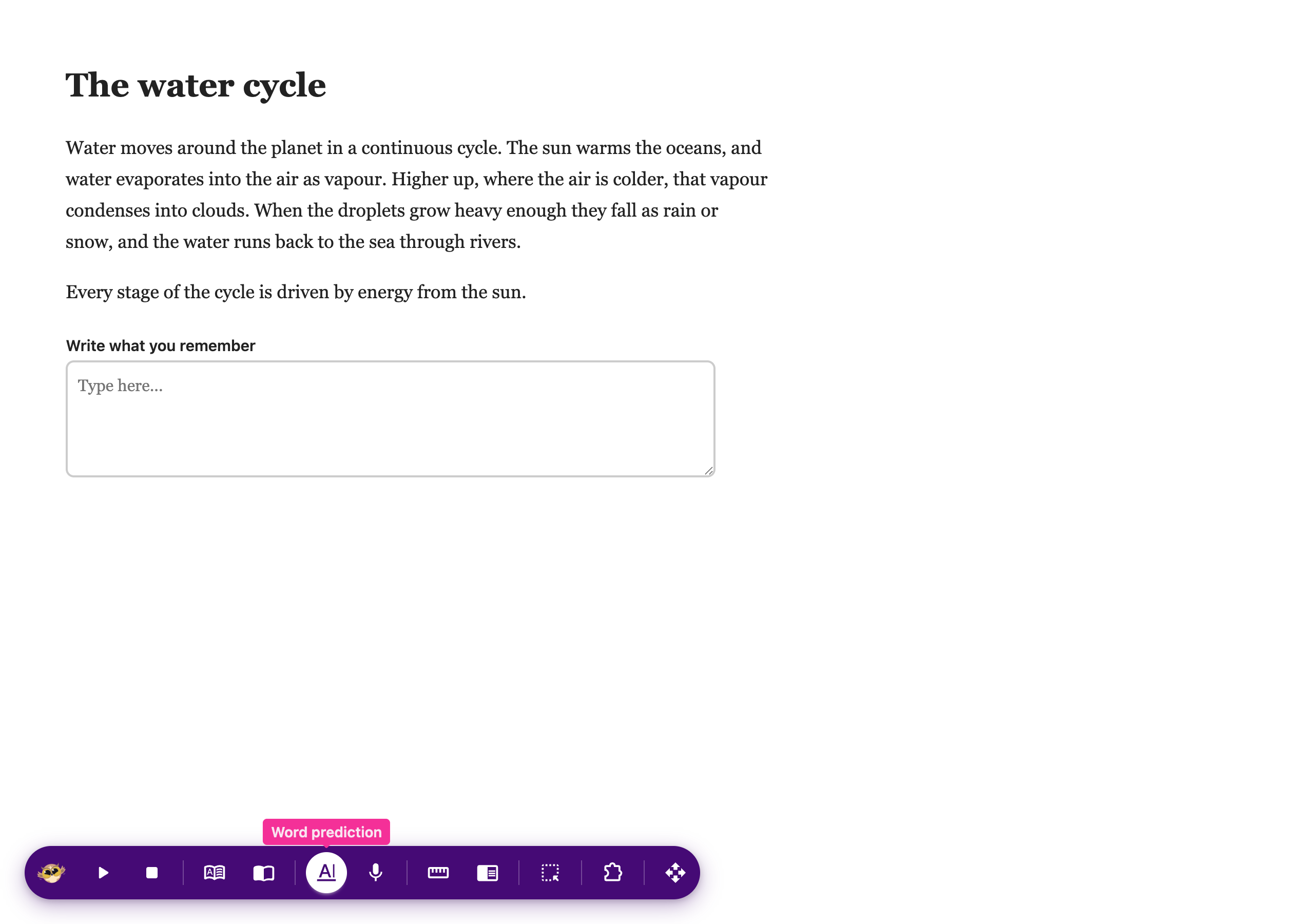 Word prediction turned on from the Helperbird floating toolbar, suggesting words while typing