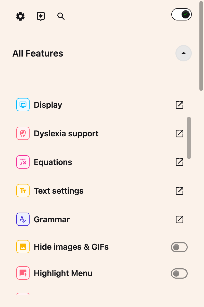 The All Features list scrolled to show the Text settings row and its Open button