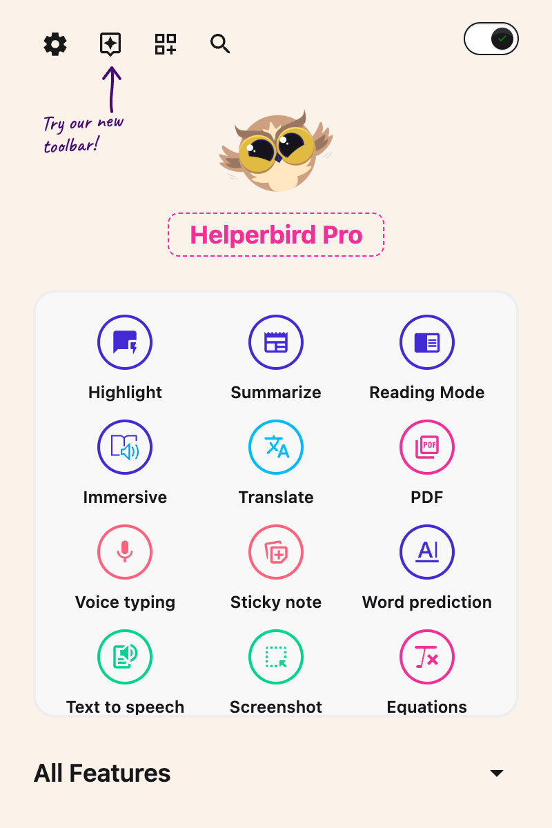 The Helperbird popup with Helperbird switched on, showing the quick actions grid and the All Features button
